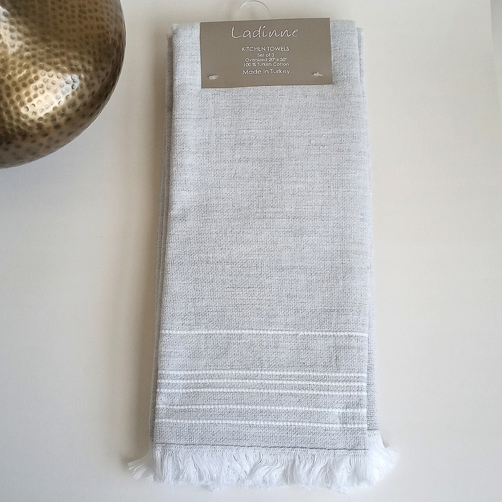 Ladinne Set Of 3 Oversized Light Gray Kitchen Towels 100% Turkish Cotton - Picture 5 of 5